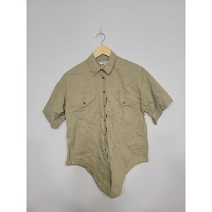 Madewell Women's Shirt Size Small Button-up‎ Khaki Green Embroided Shortsleeve